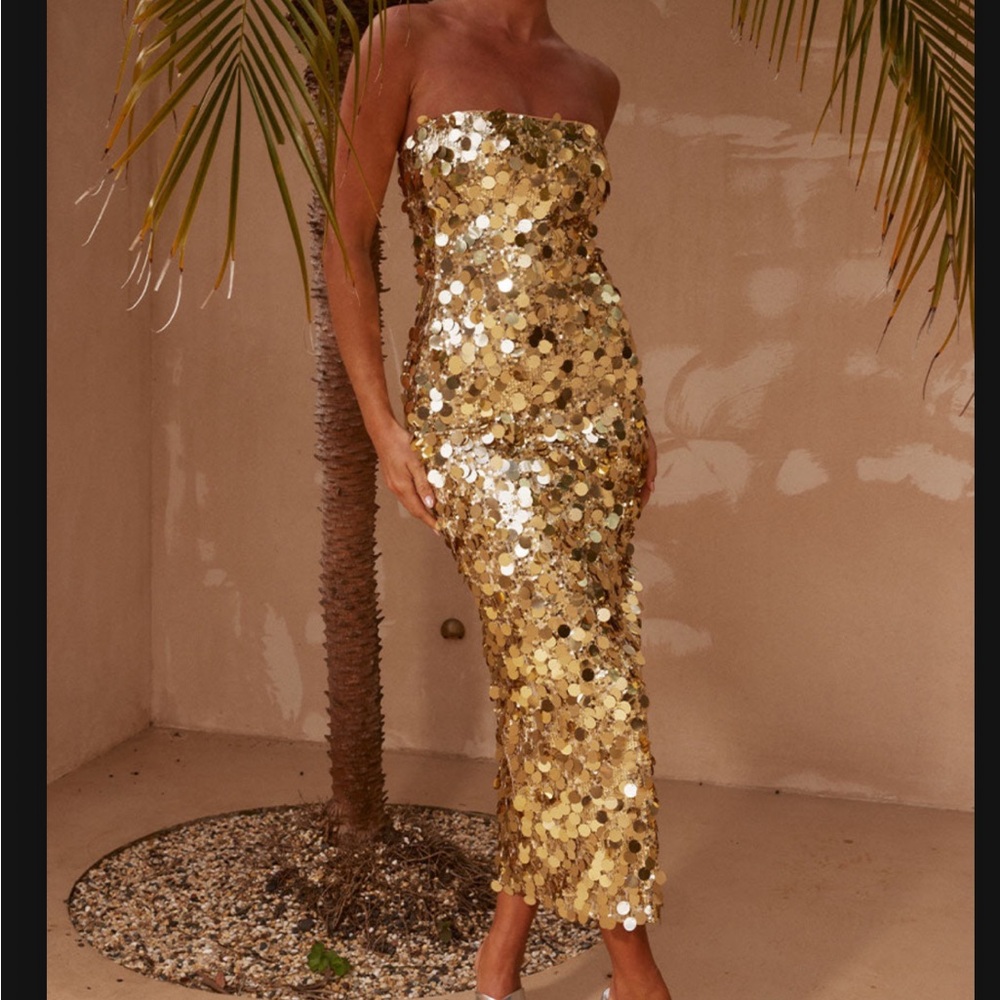 Runaway The Label Gold Sequin Bodycon Pencil Dress Embellisbed Sparkle Gown